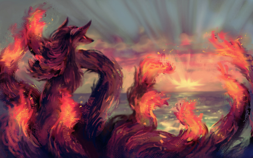 commentary, creature, english_commentary, gen_1_pokemon, hushcoil, looking_away, multiple_tails, ninetales