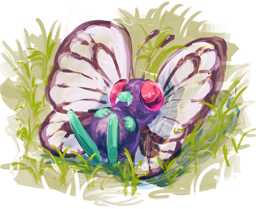 bug, butterfly, butterfree, commentary, creature, english_commentary, fangs, full_body, gen_1_pokemon, grass, hushcoil, insect, lying, no_humans, on_back, pokemon, pokemon_(creature), solo, violet_eyes