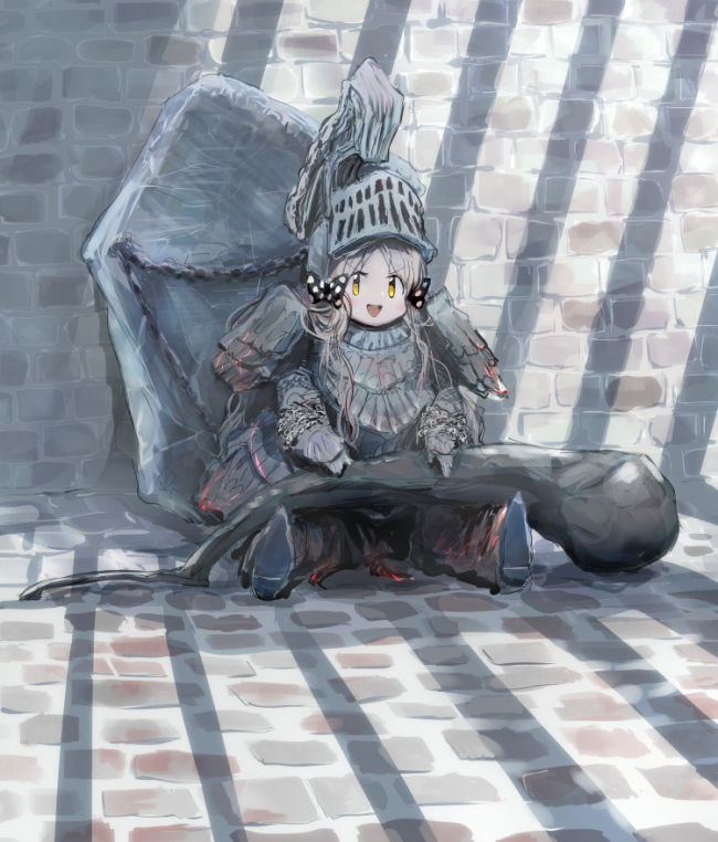 1girl, armor, bow, brick_floor, brick_wall, commentary_request, cosplay, dark_souls_iii