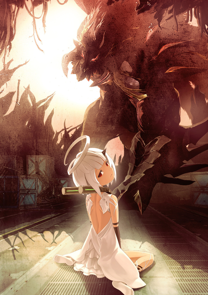 1girl, aragami, backlighting, black_gloves, dress, elbow_gloves, gloves, god_eater