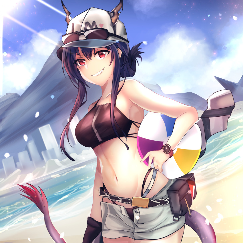 1girl, arknights, ball, bangs, bare_arms, bare_shoulders, baseball_cap, beachball