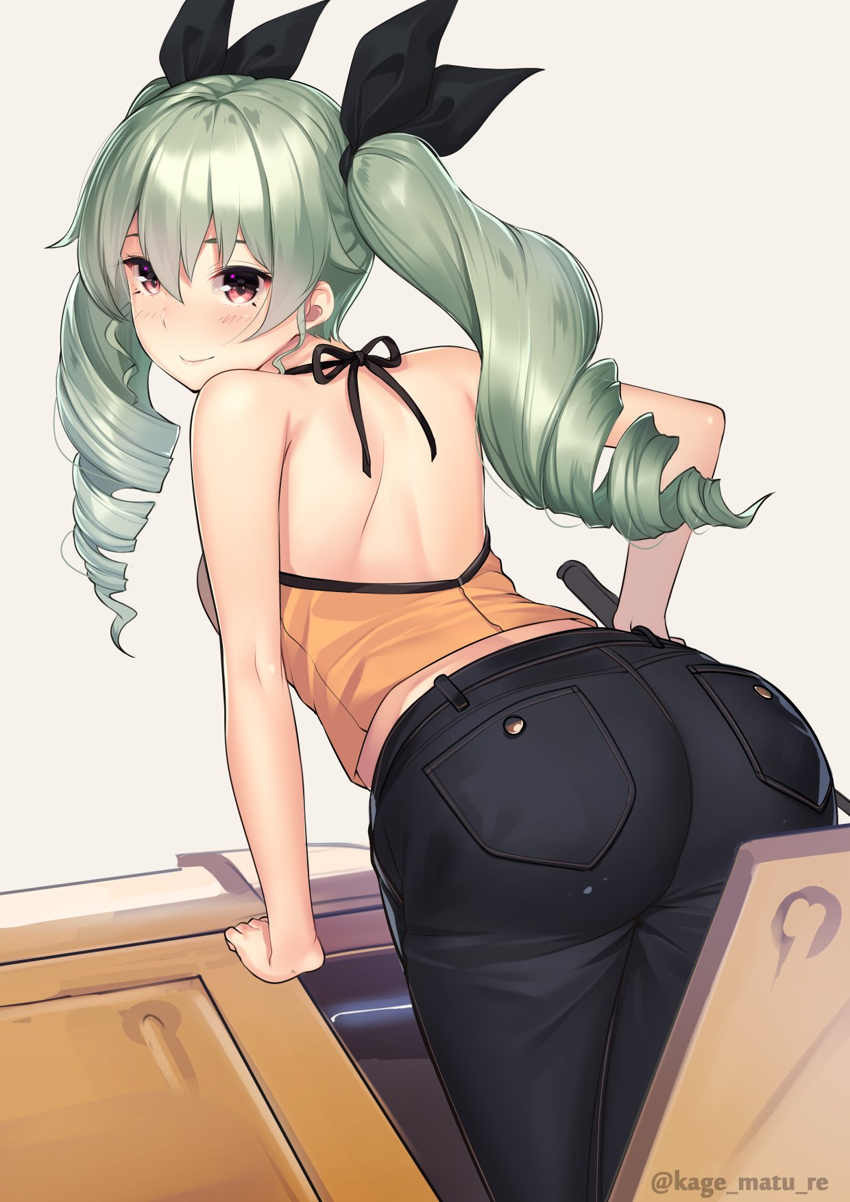 1girl, anchovy_(girls_und_panzer), arm_support, ass, bangs, bare_arms, bare_shoulders, black_ribbon