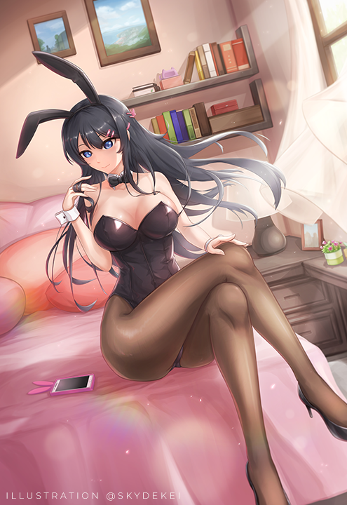 1girl, animal_ears, artist_name, bed, bedroom, black_hair, black_legwear, black_leotard