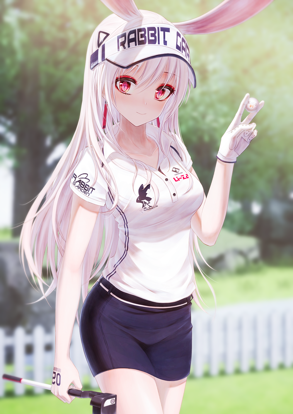 1girl, animal_ears, bae.c, ball, bangs, between_fingers, black_skirt, blue_skirt