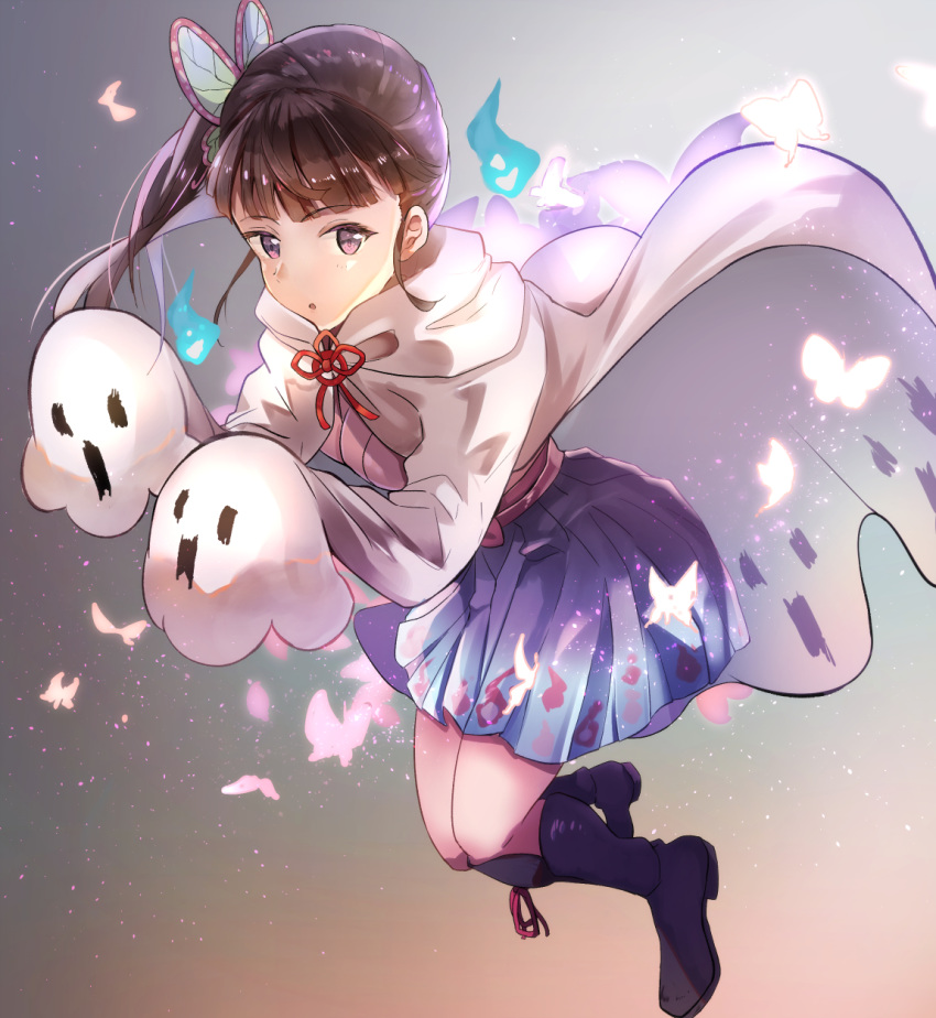 1girl, bangs, black_footwear, black_hair, blue_skirt, boots, bug, butterfly