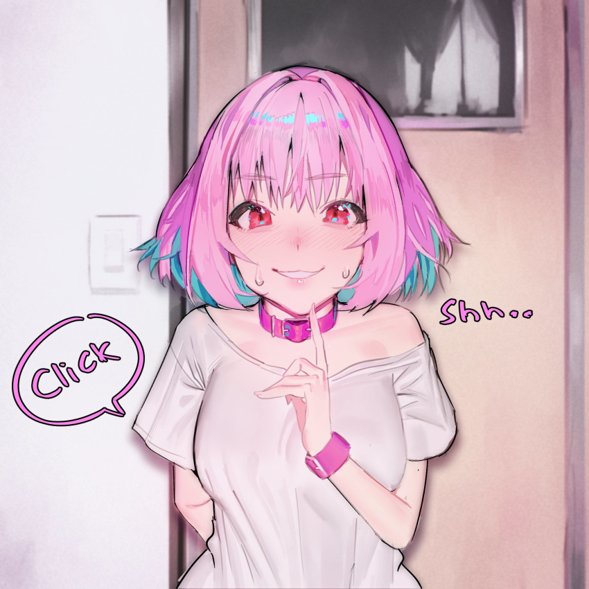 1girl, arm_behind_back, belt_collar, breasts, collar, door, eyebrows_visible_through_hair, finger_to_mouth