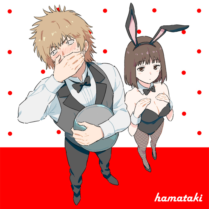 1boy, 1girl, animal_ears, black_leotard, black_neckwear, blush, bow, bowtie