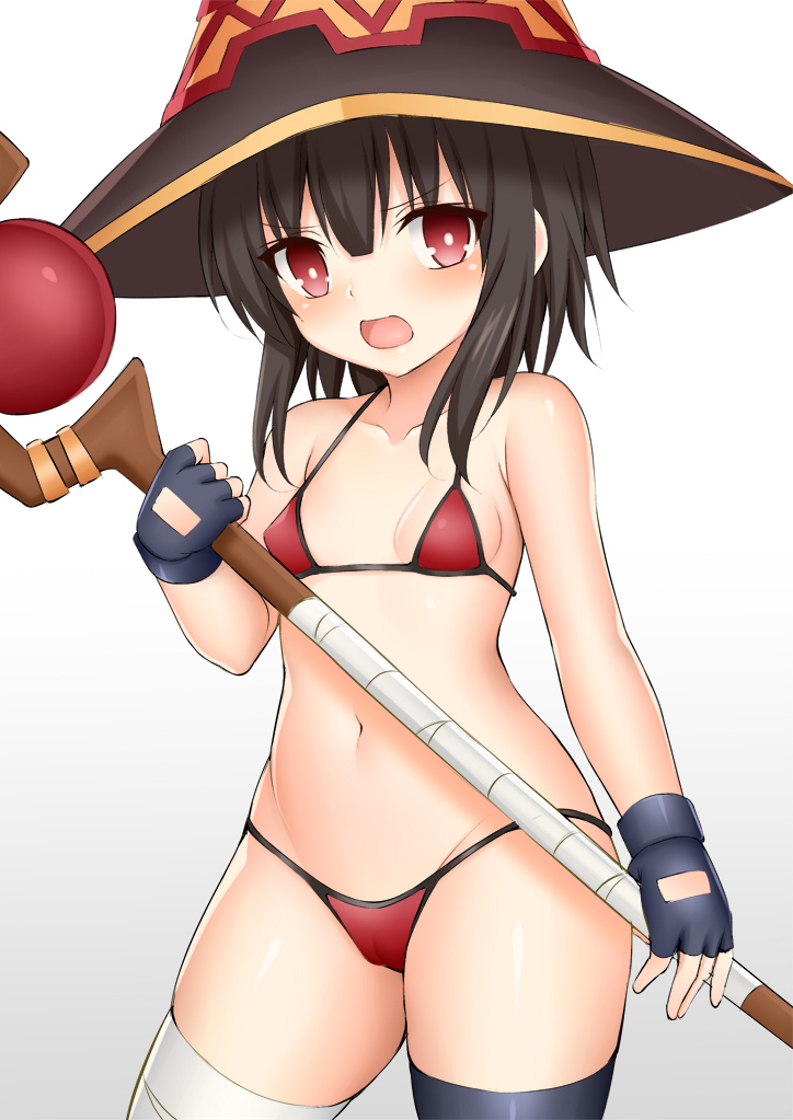 1girl, bandaged_leg, bandages, bangs, bare_shoulders, bikini, black_gloves, black_hair