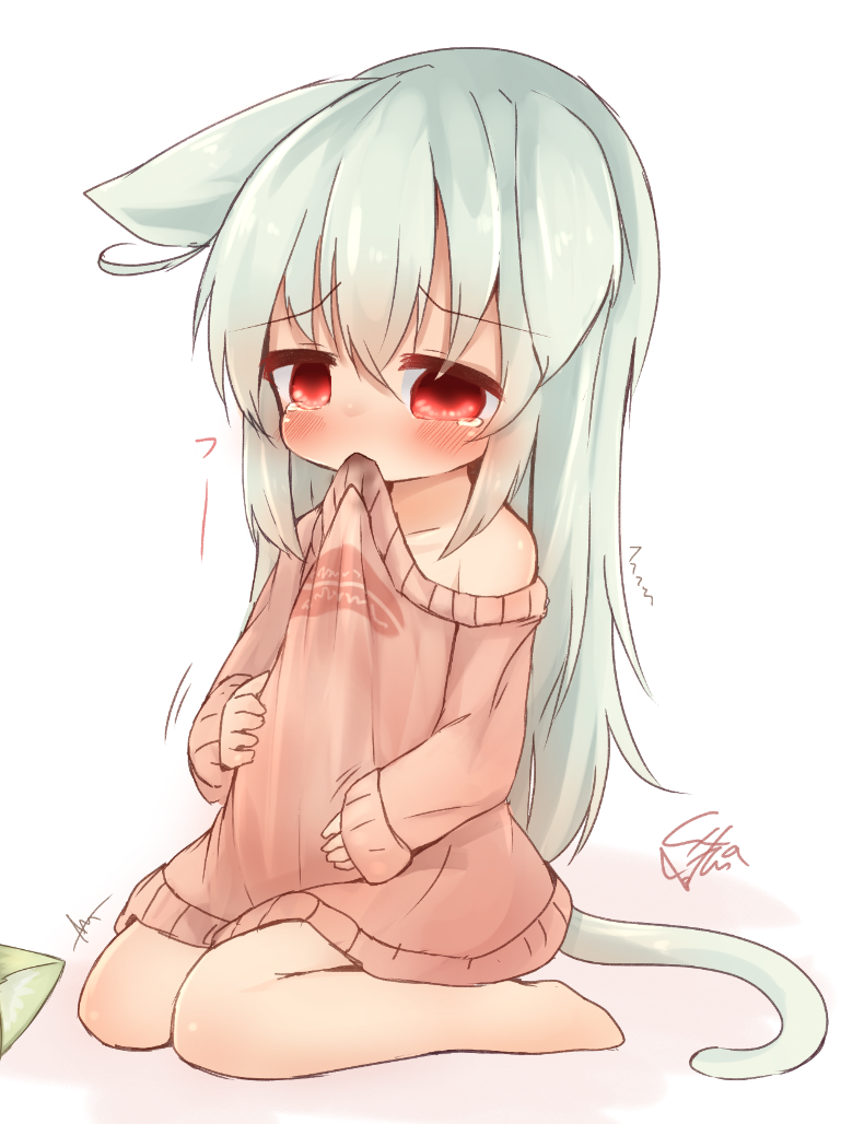 1girl, animal_ears, bare_shoulders, belly_rub, blush, cat_ears, cat_tail, commentary_request, long_hair, mouth_hold, no_pants, off_shoulder, original, pink_sweater, red_eyes, silver_hair, simple_background, sitting, solo, sunapua, sweater, tail, tears, white_background