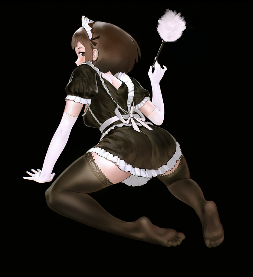 1girl, alternate_costume, apron, arm_support, ass, black_background, black_legwear, blush, boku_no_hero_academia, brown_eyes, brown_hair, dress, elbow_gloves, enmaided, feet, from_behind, full_body, gloves, joshirah, kneeling, looking_at_viewer, looking_back, maid, maid_dress, maid_headdress, puffy_short_sleeves, puffy_sleeves, short_dress, short_hair, short_sleeves, simple_background, solo, spread_legs, thigh-highs, uraraka_ochako, white_apron, white_gloves