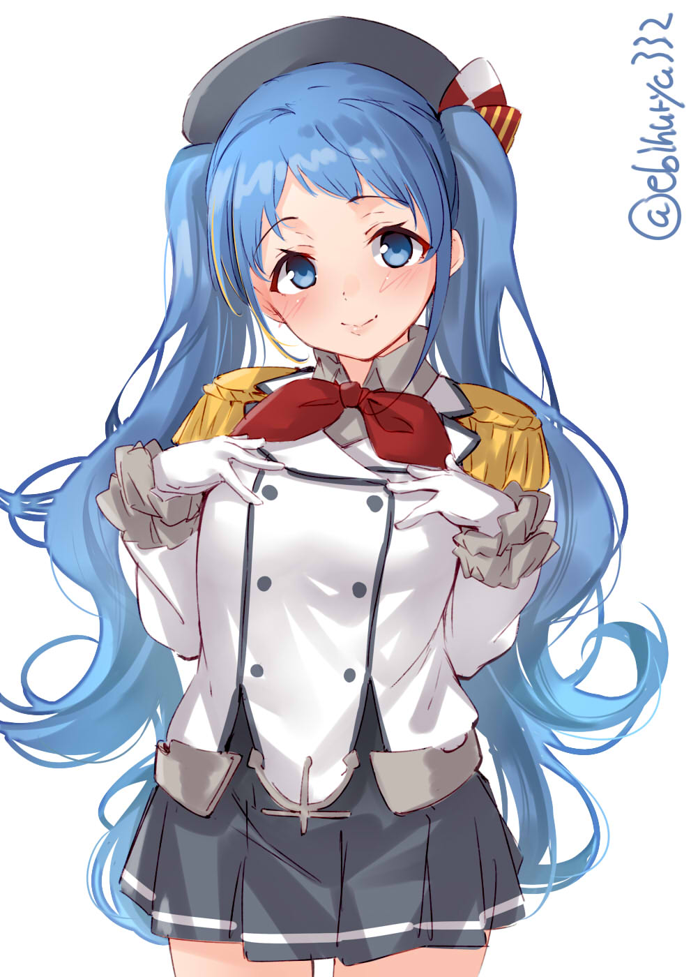 1girl, alternate_hairstyle, beret, black_headwear, black_skirt, blue_eyes, blue_hair, blush