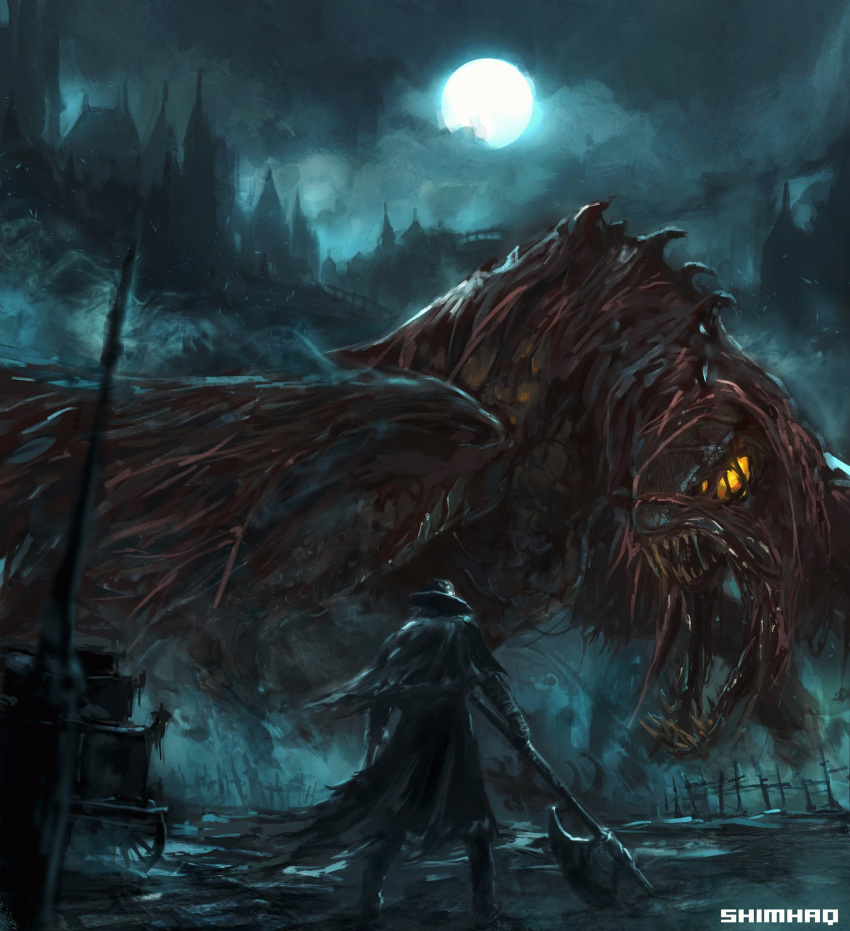 armor, axe, black_dress, bloodborne, dragon, dress, full_body, gehrman_the_first_hunter, hat, highres, monster, monster_hunter, monster_hunter:_world, moon, night, night_sky, old_man, shimhaq, sky, smoking, vaal_hazak, zombie, zombie_dragon