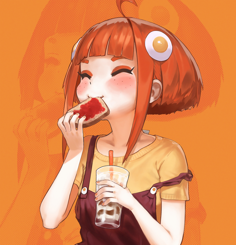 1girl, ahoge, bangs, blunt_bangs, blush, boku_no_hero_academia, bread, closed_eyes