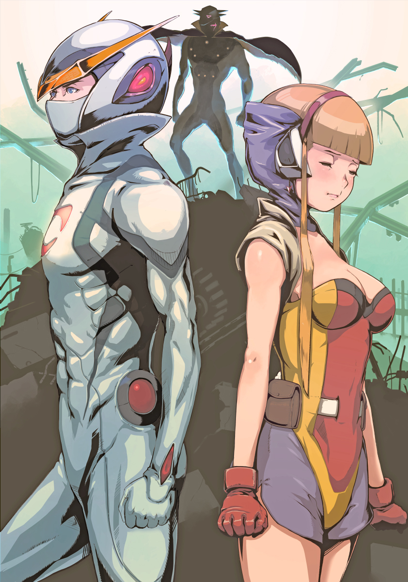 1girl, android, armor, blonde_hair, blue_eyes, bodysuit, breasts, casshan_robot_hunter