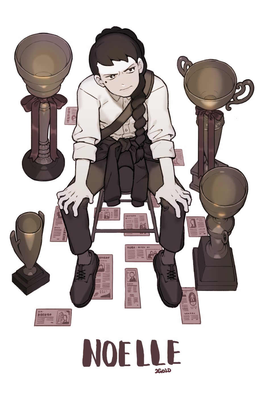 1girl, 2gold, black_hair, black_pants, braid, butterfly_soup, chair, character_name