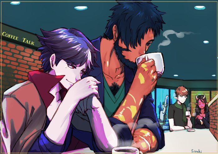 2girls, 3boys, baileys_(coffee_talk), bandages, beard, black_hair, black_shirt, blue_shirt