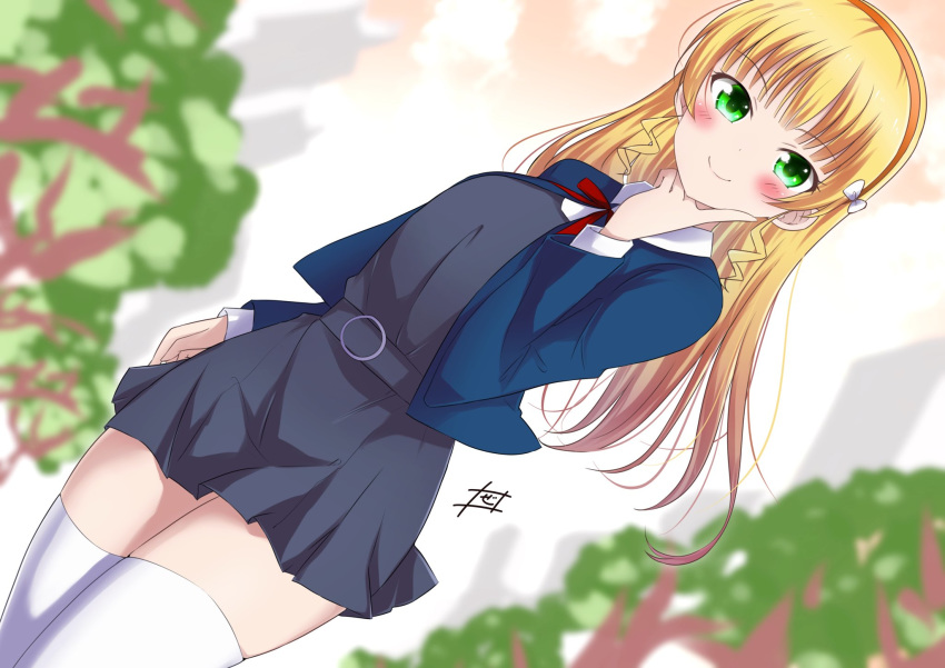 1girl, blonde_hair, blue_shirt, bow, green_eyes, hand_on_own_cheek, hean'na_sumire, hello!!!_love_live!, highres, love_live!, red_ribbon, ribbon, shirt, thigh-highs, white_bow, zero_(artist)