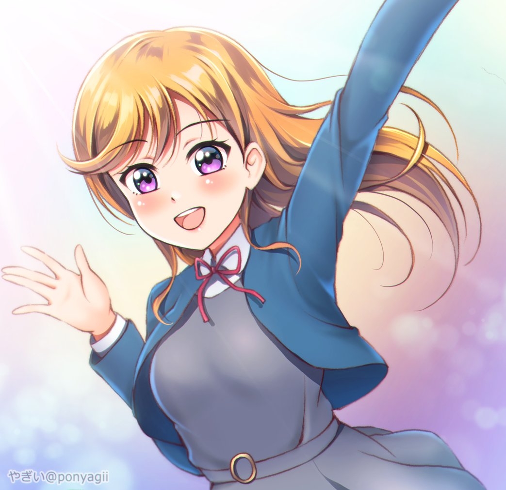 1girl, ascii_media_works, bangs, breasts, bushiroad, commentary, eyebrows_visible_through_hair, hello!!!_love_live!