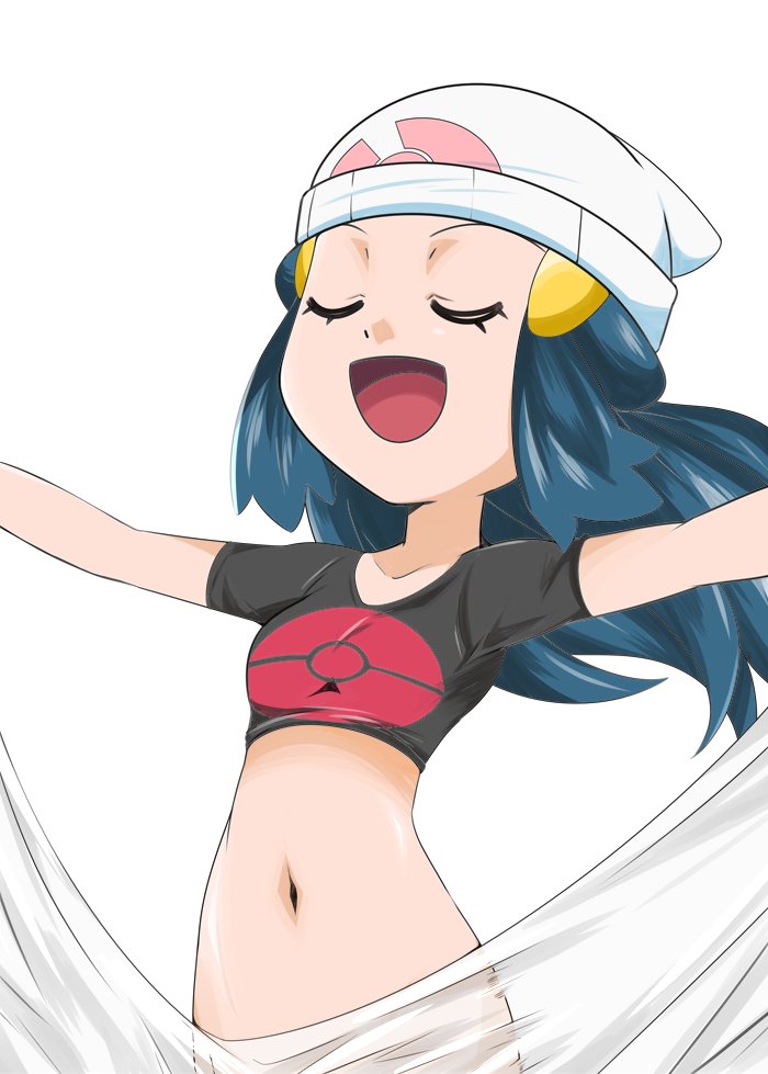 1girl, :d, alternate_costume, beanie, blue_hair, bottomless, breasts, hainchu