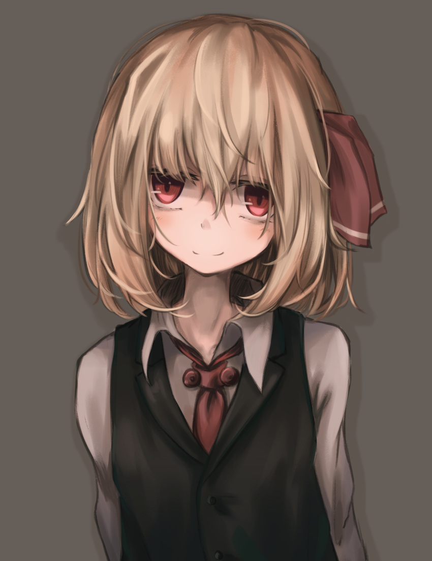 1girl, bangs, blonde_hair, grey_background, hair_between_eyes, hair_ribbon, highres, light_smile