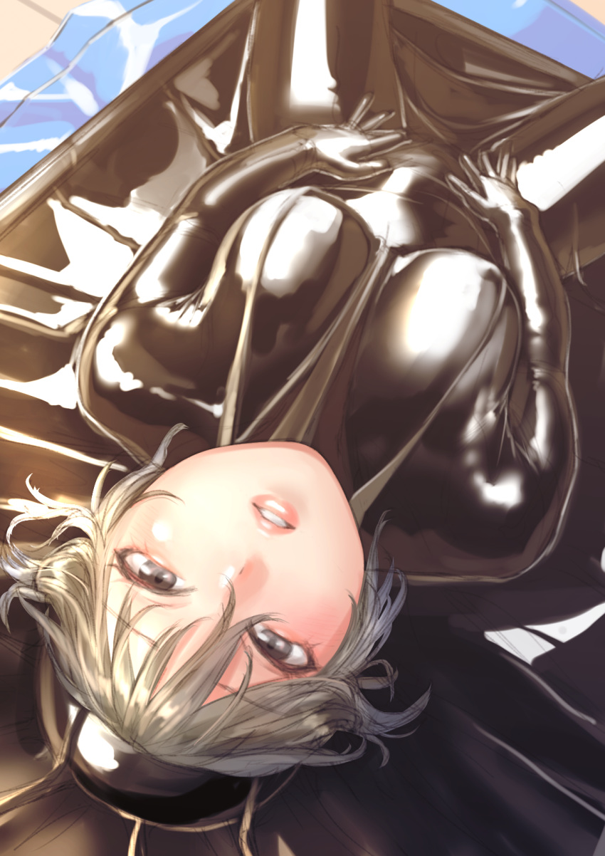 1girl, blonde_hair, blush, bodysuit, breasts, eyebrows_visible_through_hair, gloves, grey_eyes