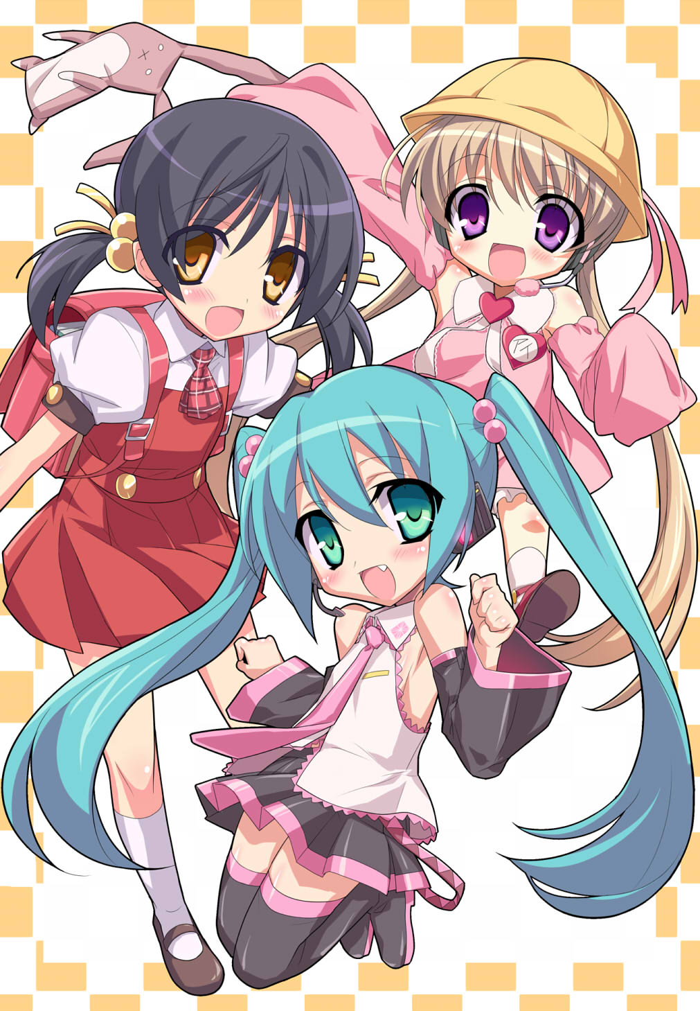 aqua_eyes, aqua_hair, backpack, bag, black_hair, blush, brown_eyes, brown_hair
