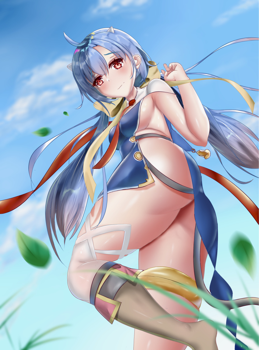 1girl, absurdres, ahoge, ass, bangs, blue_hair, breasts, day, epic7, from_below, hand_up, highres, kneehighs, long_hair, looking_at_viewer, looking_back, low_twintails, outdoors, parted_bangs, ravirihiseea_vizzall_(epic7), red_eyes, saberdesu, small_breasts, solo, thighs, twintails