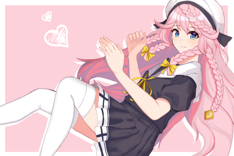 1girl, angelica_(epic7), black_skirt, blue_eyes, bow, epic7, feet_out_of_frame, hand_up