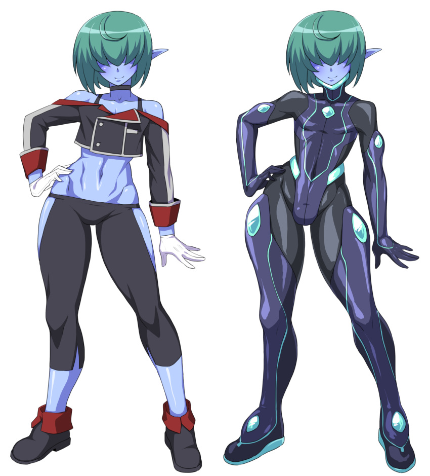 1boy, abs, bare_shoulders, blue_skin, bodysuit, choker, collarbone, crop_top, full_body, gloves, green_hair, hair_over_eyes, hand_on_hip, highres, midriff, mimizu_(tokagex), navel, original, otoko_no_ko, pants, pointy_ears, short_hair, smile, solo, standing, stomach, tagme, thigh_cutout, white_gloves, yoga_pants