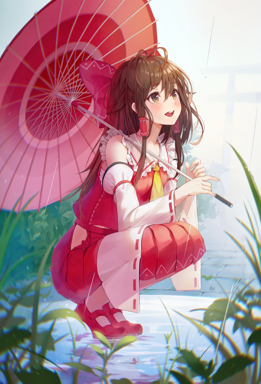 1girl, :d, bangs, bare_shoulders, bell, blush, bow, brown_eyes