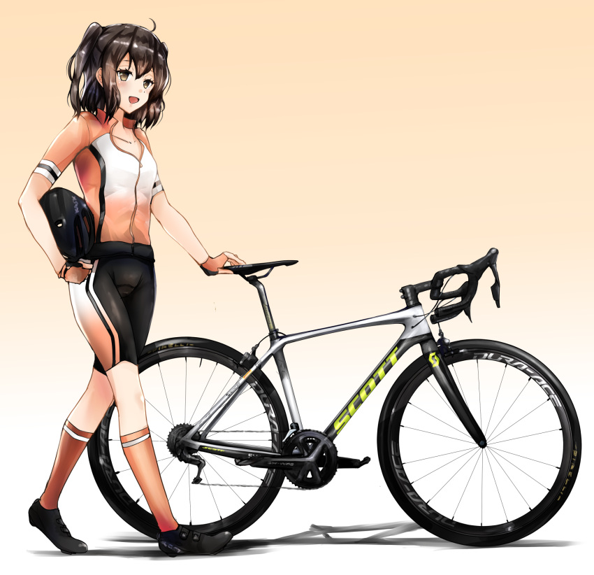1girl, adapted_costume, alternate_costume, bicycle, bicycle_helmet, bike_shorts, blush, breasts