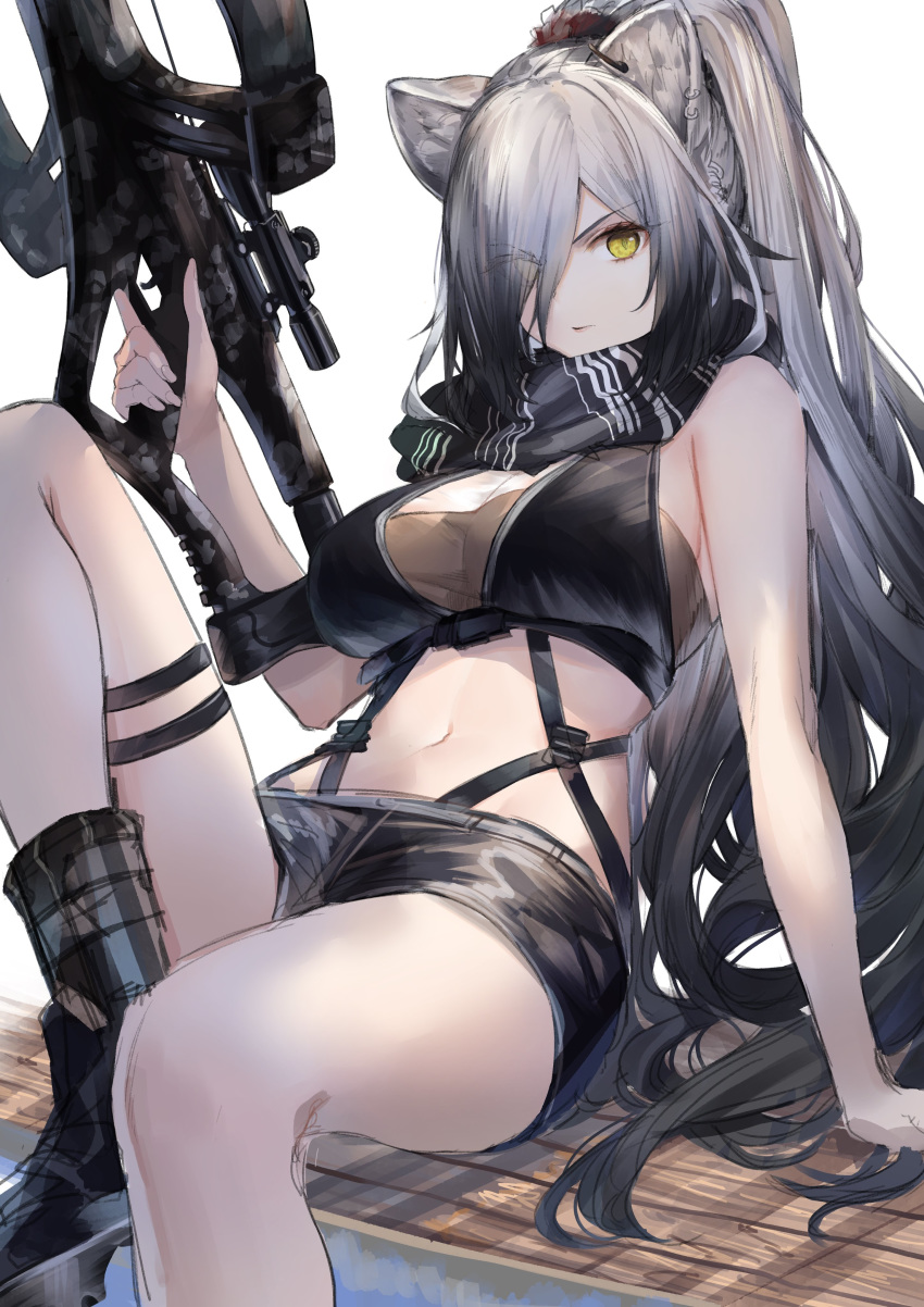 1girl, absurdres, animal_ears, arknights, arm_support, bangs, bare_arms, bare_shoulders
