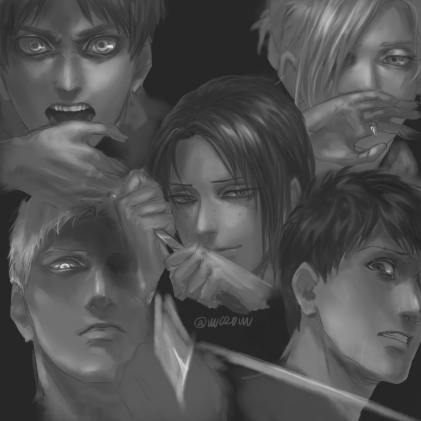 2girls, 3boys, angry, annie_leonhardt, bertolt_hoover, biting, biting_hand, black_hair