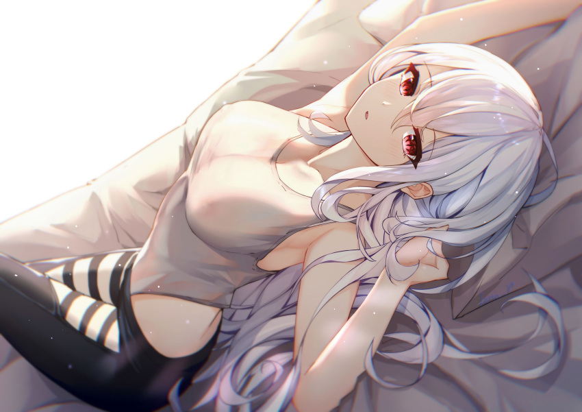 1girl, arknights, arm_up, armpits, bare_arms, bare_shoulders, bed_sheet, black_pants