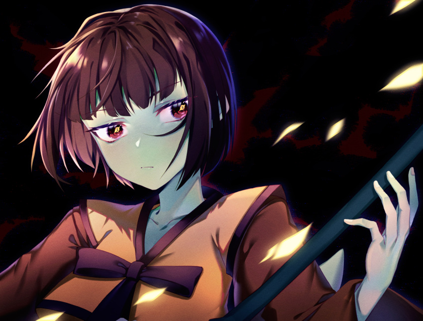 1girl, anaak_jahad, black_background, brown_eyes, brown_hair, chen_yan, green_skin, highres