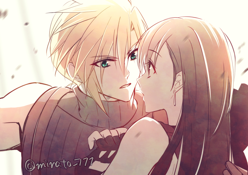 1boy, 1girl, black_gloves, black_hair, blonde_hair, cloud_strife, earrings, eye_contact
