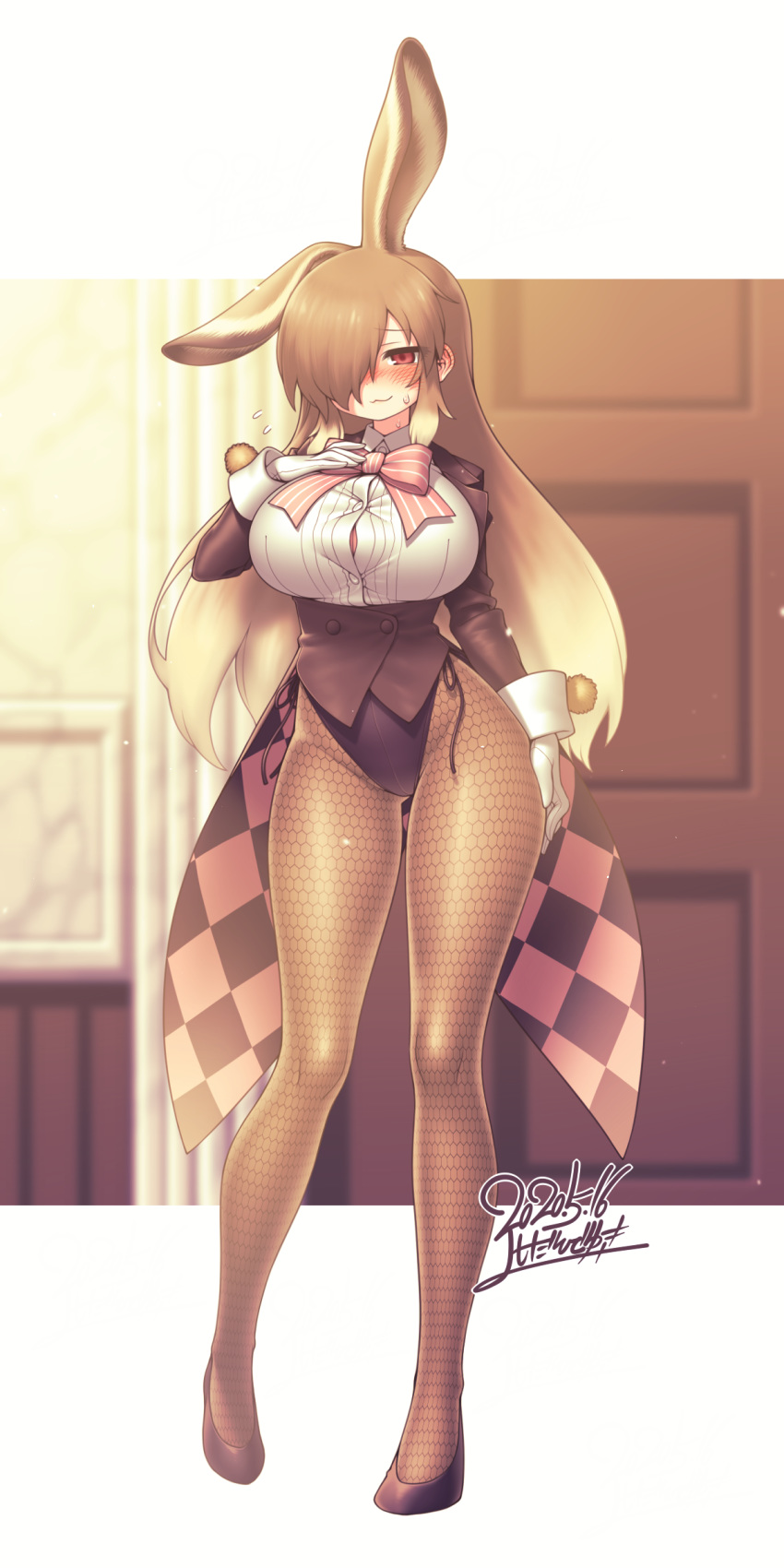 1girl, absurdres, animal_ears, blush, breasts, brown_hair, european_hare_(kemono_friends), fishnet_legwear