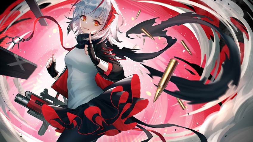1girl, ammunition, antenna_hair, arknights, black_gloves, black_jacket, black_legwear, black_skirt