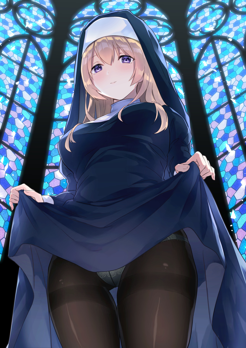 1girl, absurdres, ass_visible_through_thighs, backlighting, bangs, black_legwear, blonde_hair, bloom, blue_dress, blush, breasts, church, cowboy_shot, crotch_seam, dress, dress_lift, en_(sonos), eyebrows_visible_through_hair, habit, hair_between_eyes, hands_up, highres, huge_filesize, indoors, lace, lace-trimmed_panties, large_breasts, lifted_by_self, light_smile, long_hair, looking_at_viewer, looking_down, nun, original, panties, panties_under_pantyhose, pantyhose, shiny, shiny_clothes, solo, stained_glass, standing, thigh_gap, thighband_pantyhose, underwear, veil, violet_eyes, window
