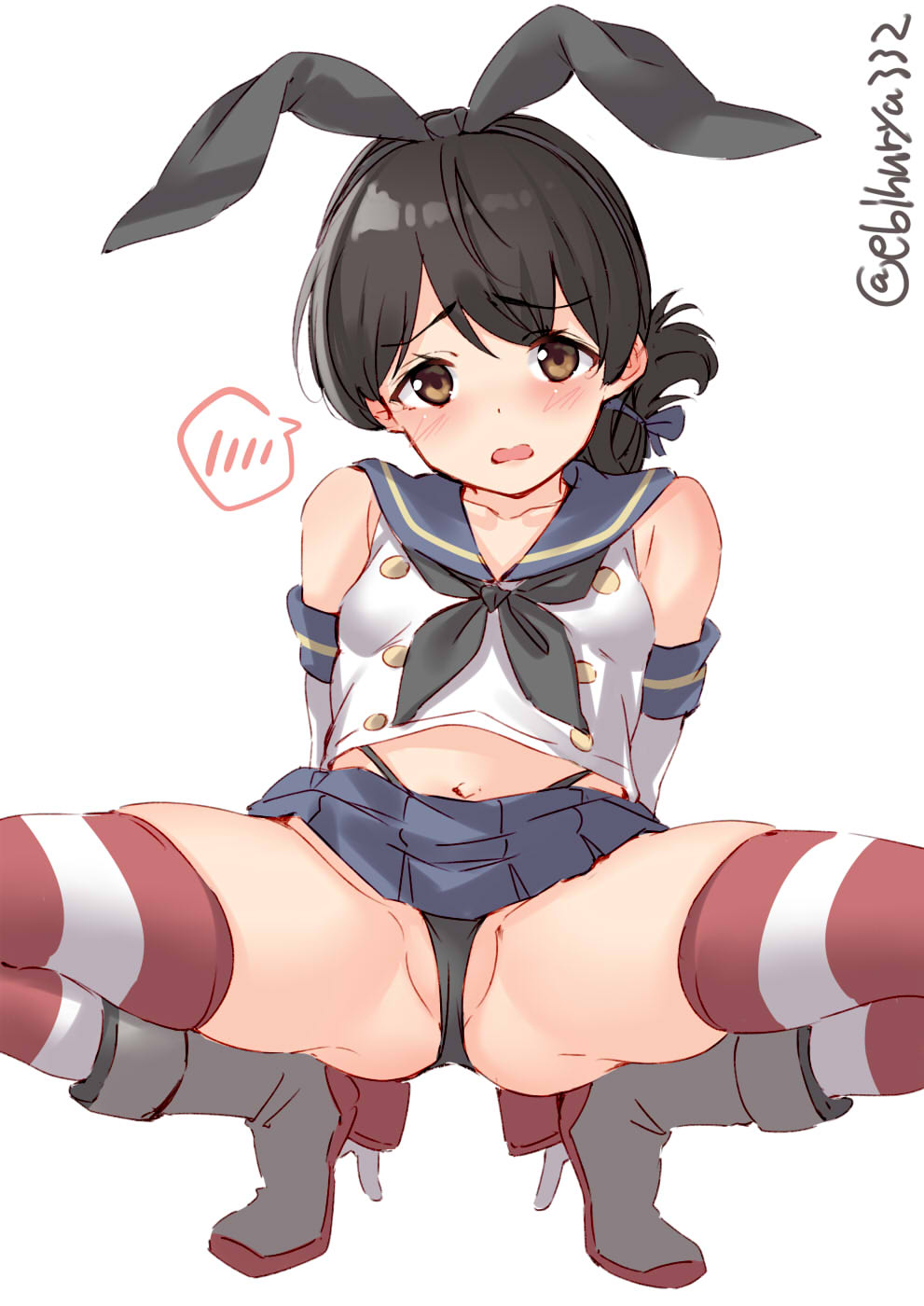 1girl, black_hair, black_neckwear, black_panties, blue_sailor_collar, blue_skirt, blush, brown_eyes