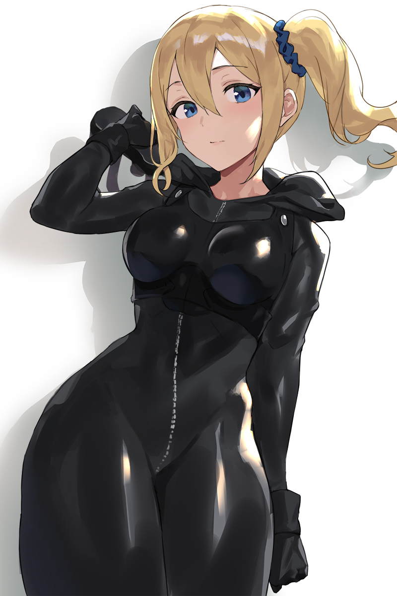 1girl, arm_up, black_bodysuit, black_gloves, blonde_hair, blue_eyes, blush, bodysuit