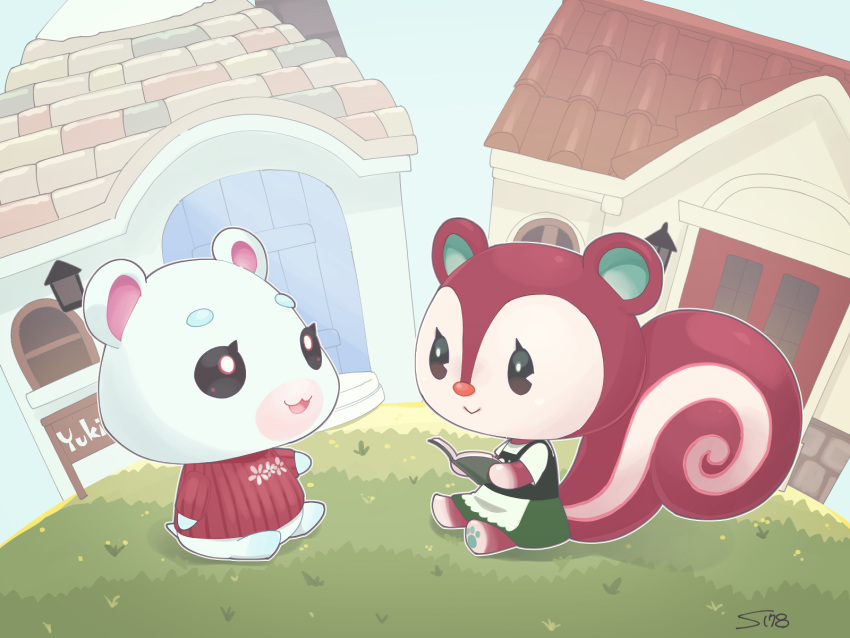 2girls, animal_ears, apron, artist_name, book, character_name, doubutsu_no_mori, furry, grass, gummy_(doubutsu_no_mori), hamster, hamster_ears, highres, house, inaba_shounosuke, multiple_girls, open_mouth, sitting, squirrel, squirrel_ears, squirrel_tail, tail, yukimi_(doubutsu_no_mori)