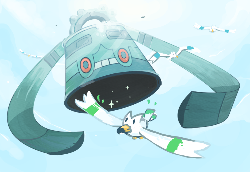 alternate_color, bird, bronzong, commentary, creature, english_commentary, flying, full_body, gen_3_pokemon, gen_4_pokemon, memookami, no_humans, pokemon, pokemon_(creature), shiny_and_normal, shiny_pokemon, wingull