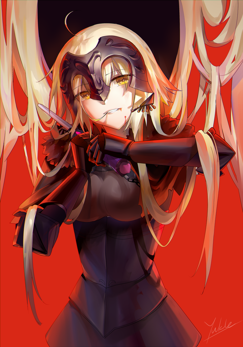 1girl, ahoge, armor, armored_dress, bangs, black_dress, blonde_hair, blood