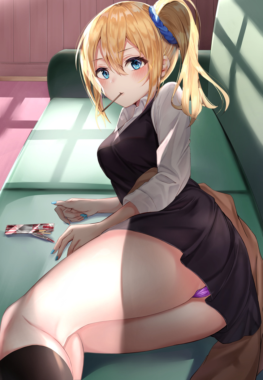 1girl, absurdres, ass_visible_through_thighs, blonde_hair, blue_eyes, blue_nails, blue_scrunchie, blush