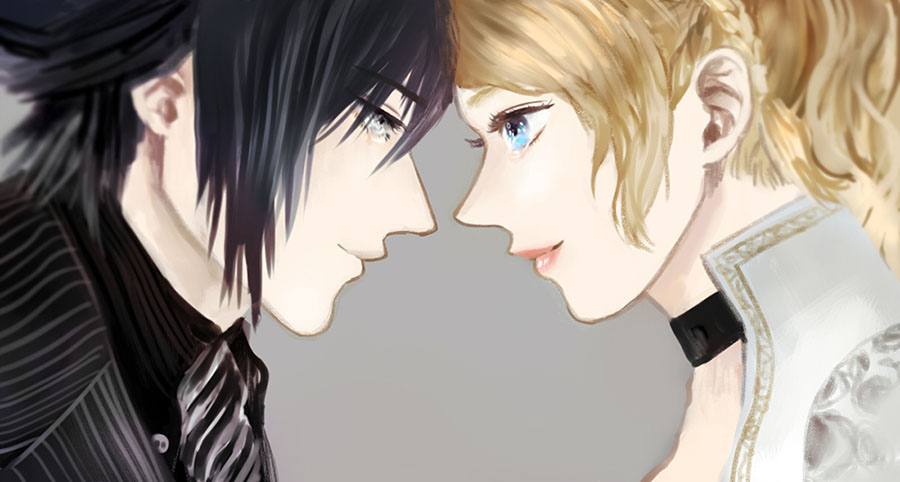 1boy, 1girl, black_hair, blonde_hair, blue_eyes, braid, choker, final_fantasy, final_fantasy_xv, forehead-to-forehead, formal, french_braid, from_side, grey_eyes, hair_over_eyes, lips, lunafreya_nox_fleuret, necktie, noctis_lucis_caelum, pink_lips, smile, suit, yui930