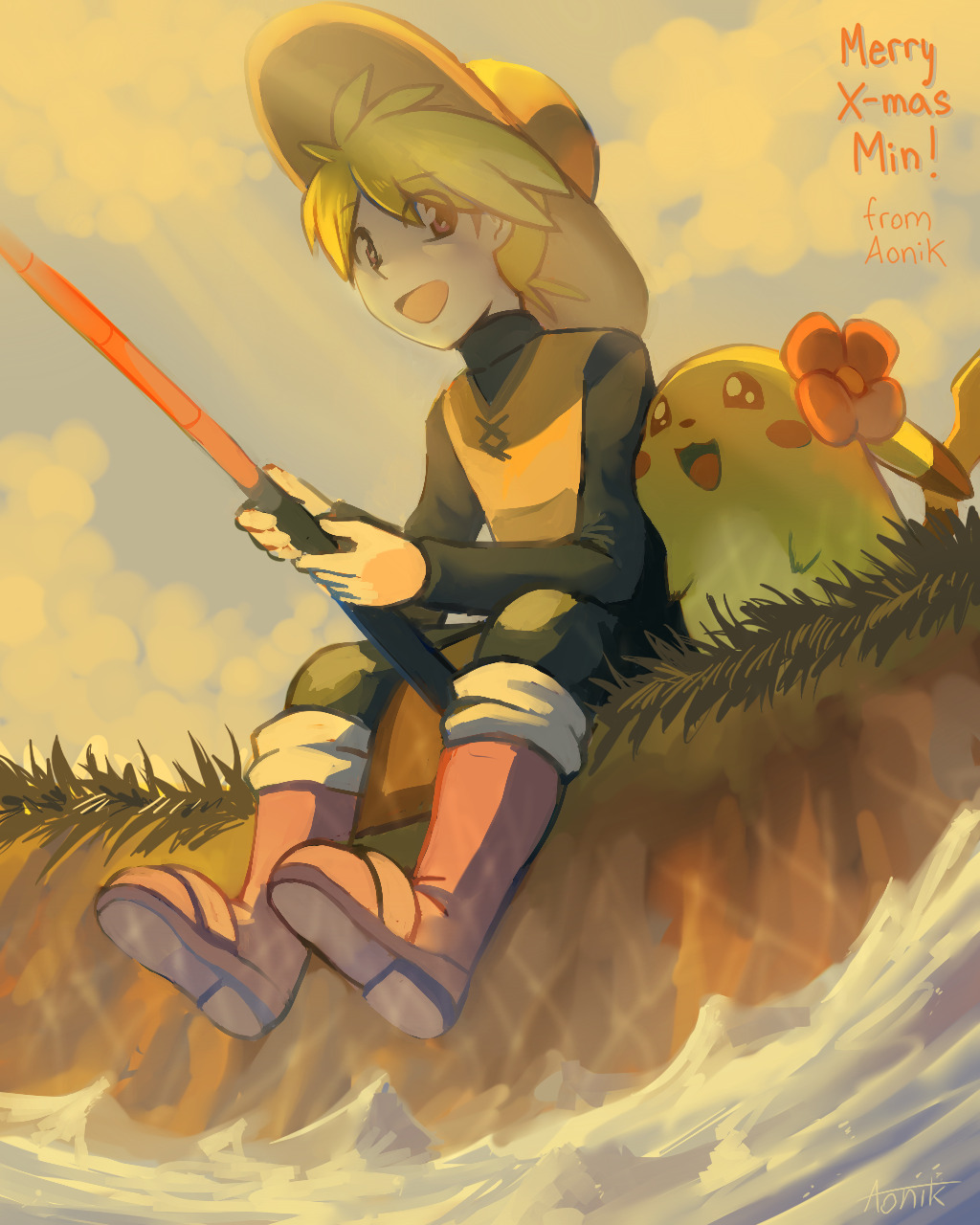 1girl, :d, aonik, black_eyes, blonde_hair, blue_sky, boots, brown_eyes