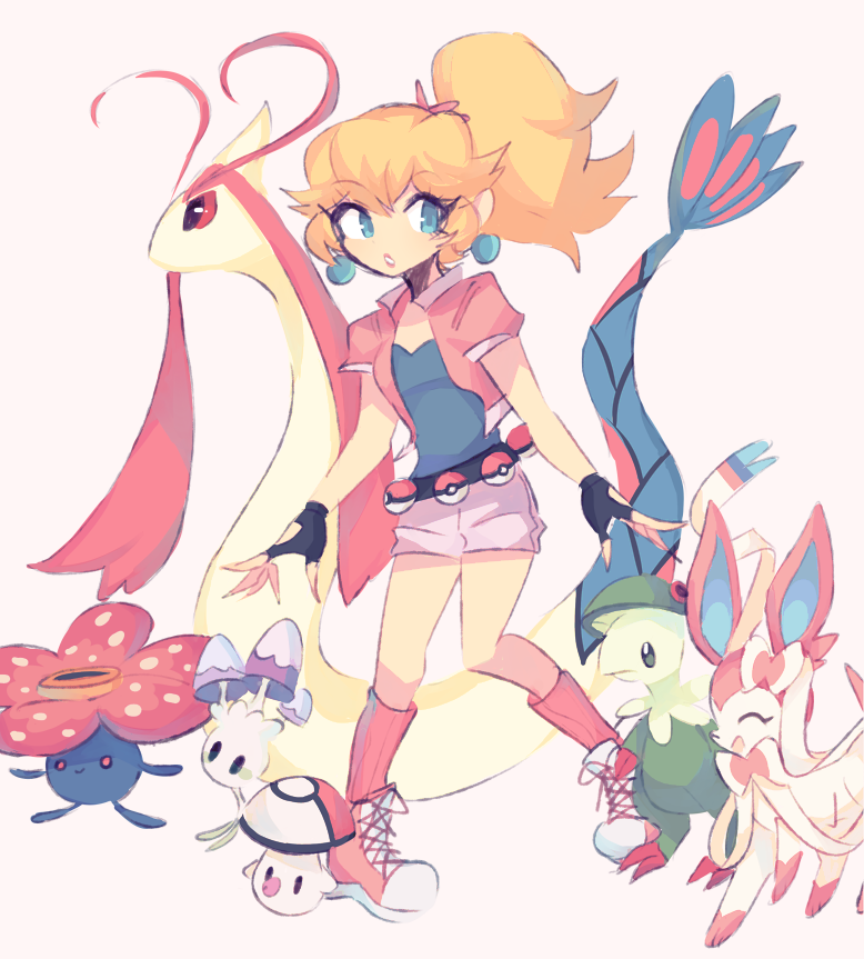 ._., 1girl, :d, ^_^, blonde_hair, breasts, breloom, charamells