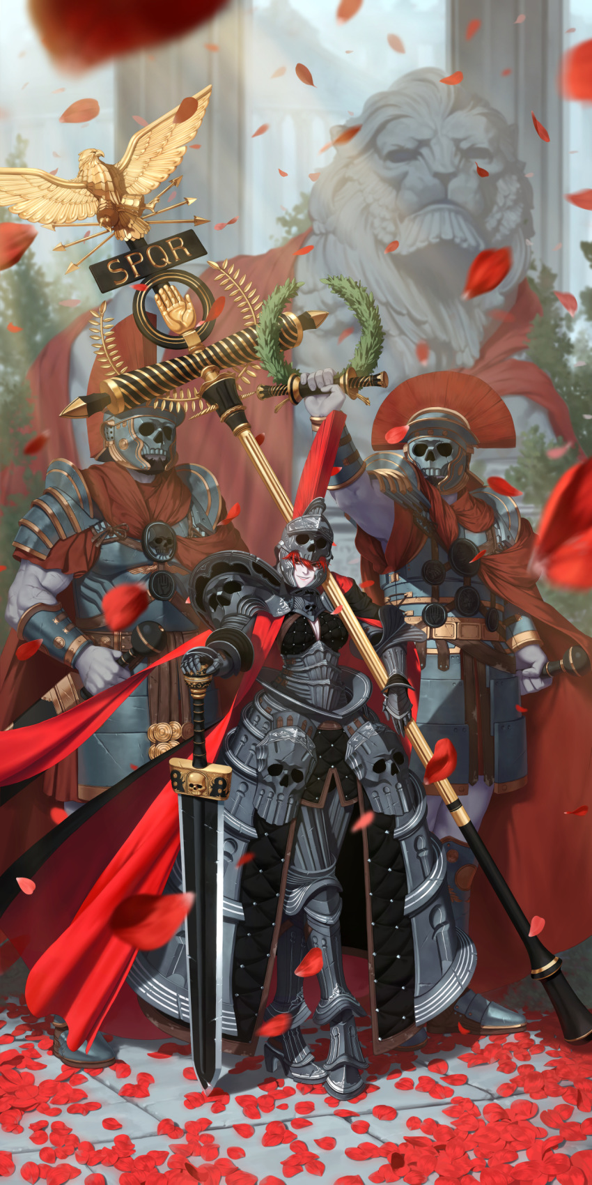 1girl, 2boys, absurdres, armor, armored_dress, cape, fantasy, full_armor