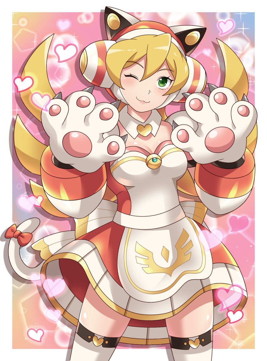 ;3, android, animal_ears, blonde_hair, breasts, cat_ears, cat_girl, cinnamon, commentary_request, cowboy_shot, facing_viewer, green_eyes, hair_between_eyes, headgear, heart, highres, himurororo, long_hair, medium_breasts, one_eye_closed, rockman, rockman_x, rockman_x_dive, smile, sparkle, thigh-highs, zettai_ryouiki